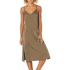 The Drop Ana Silky V-Neck Midi Slip Dress - Dark Olive - NWT